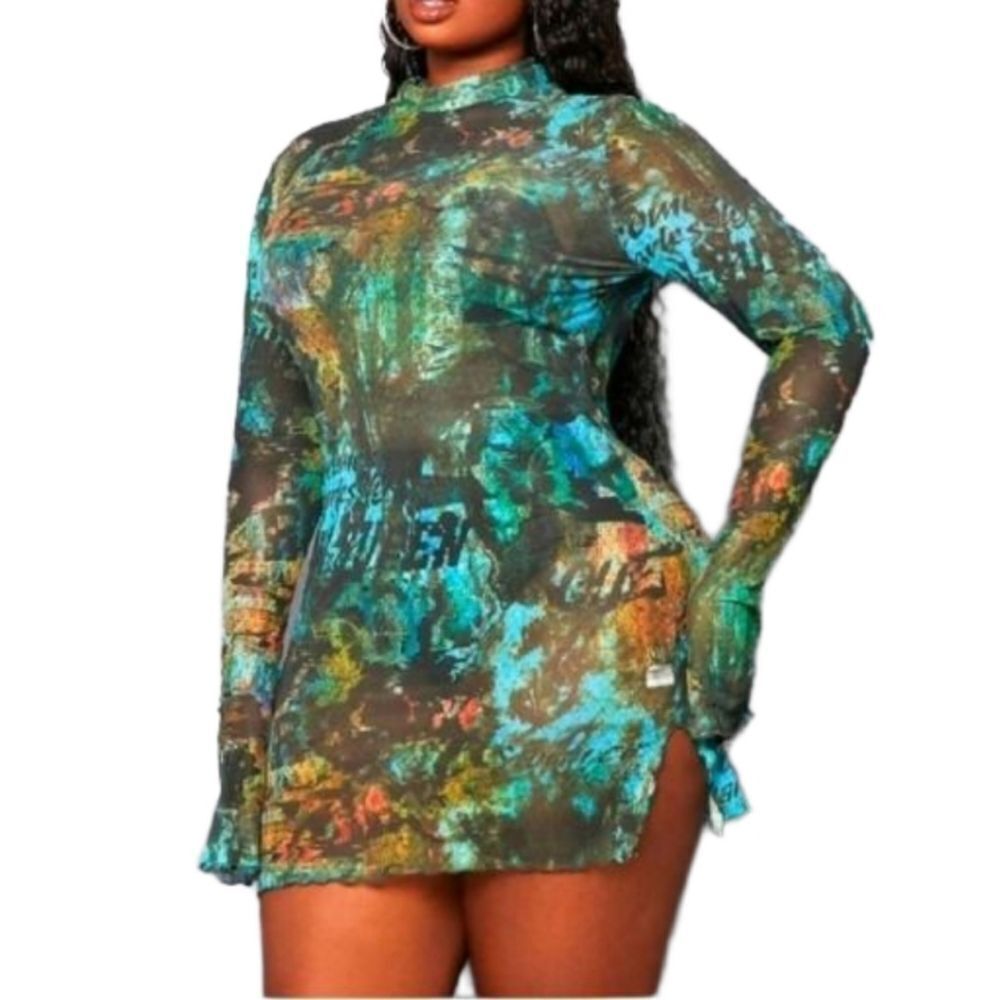 Beautiful high neck see through sexy dress sz Large